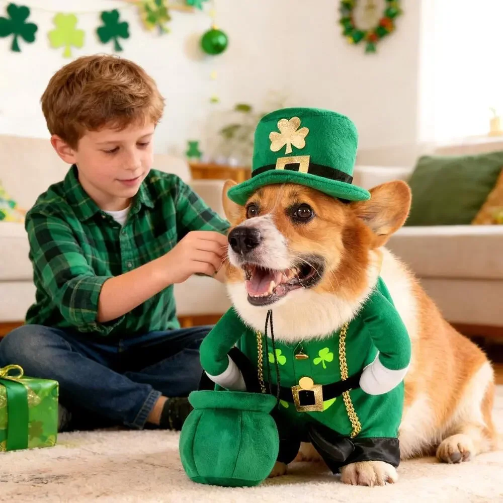Leprechaun Dog Costume, 3 PCS Medium St Patrick’s Day Outfit w Hat & Gold Pot